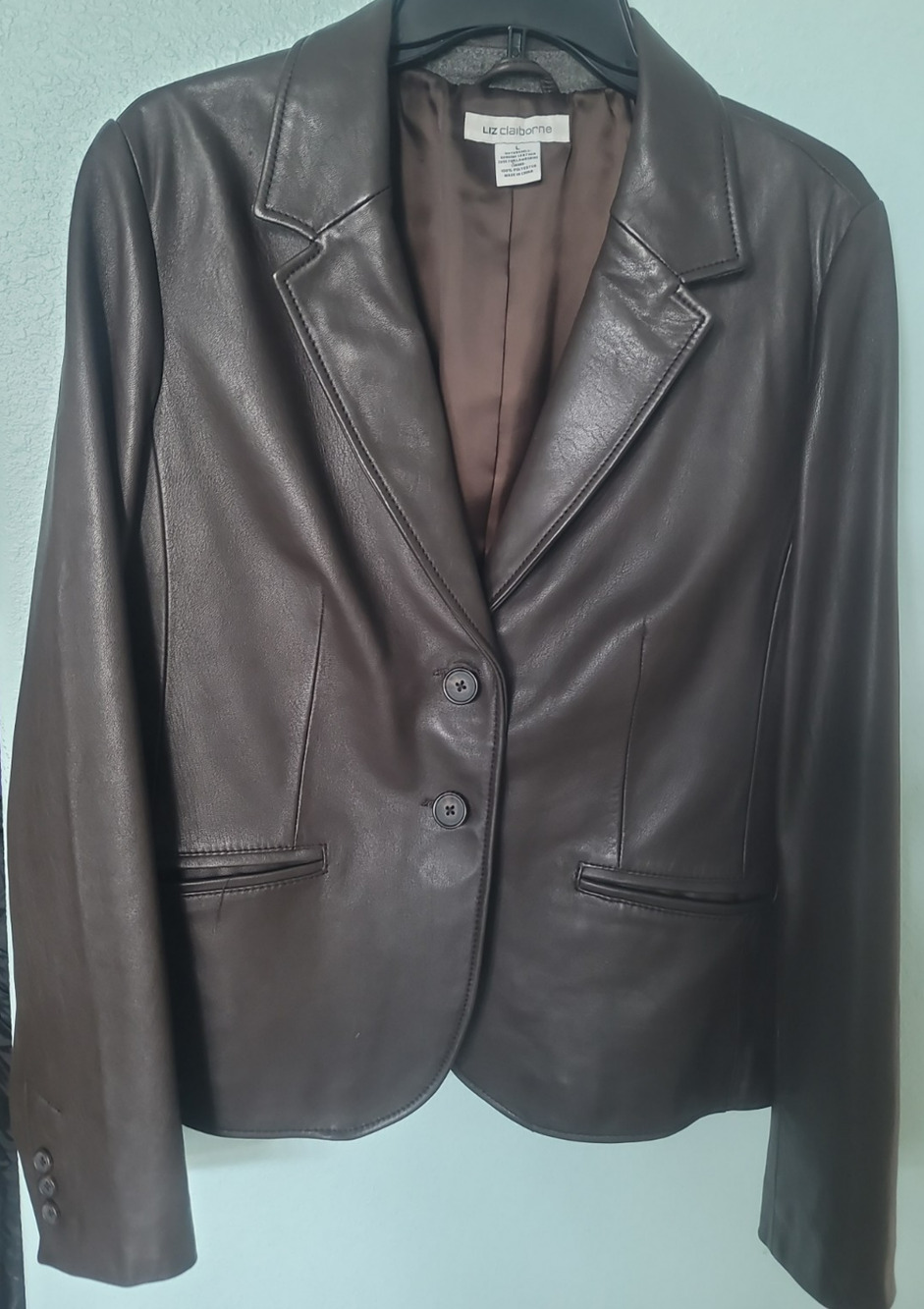 Vintage Liz Claiborne Women Blazer Large Chocolate Brown Leather Jacket Layering